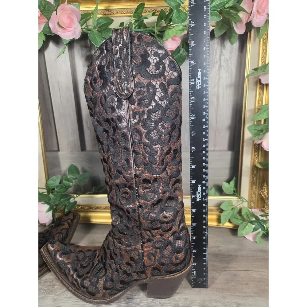 Corral Women's Brown Black Floral Embroidered Leather Western Cowboy Boots Snip